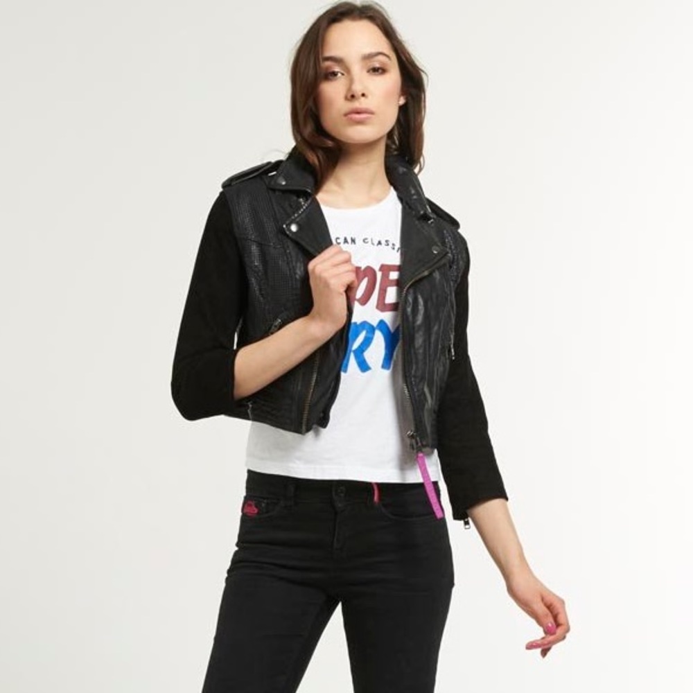 Superdry Olive Biker Jacket Leather Zip Down